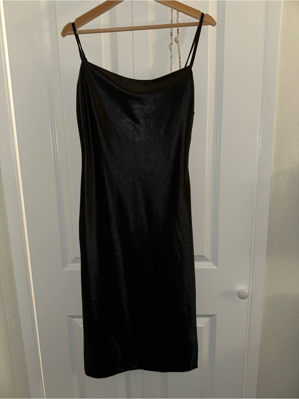 Classic Black Satin Midi Slip Dress with Cowl Neck
